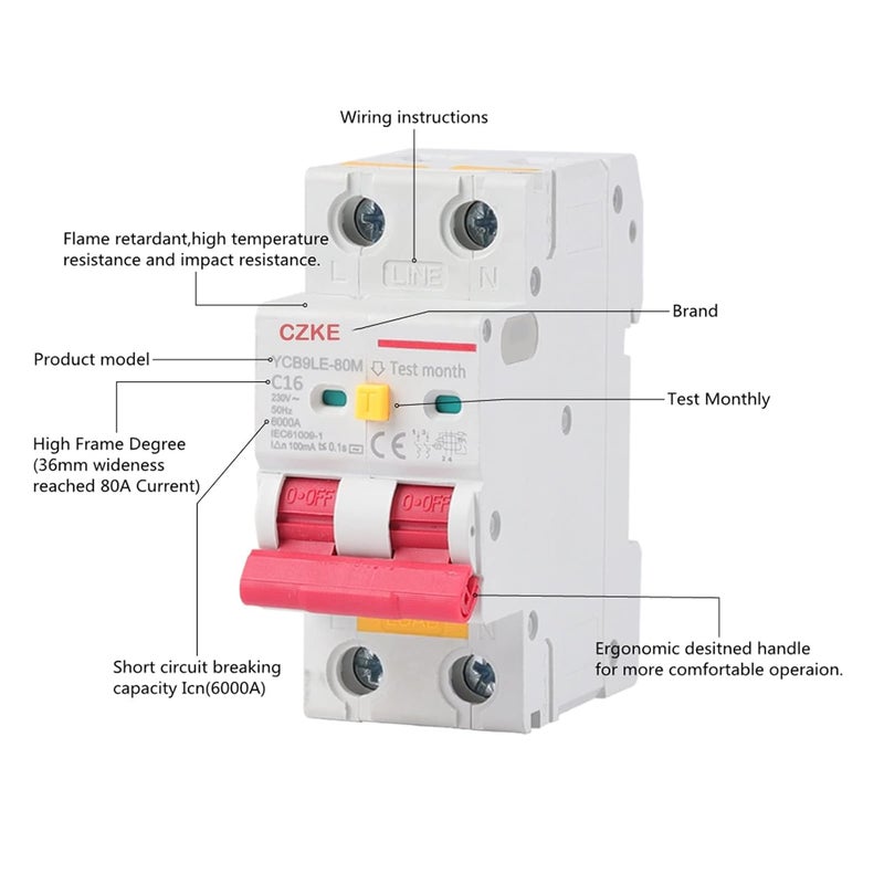 YCB6HLN 63 RCBO MCB 2P 20A 30mA قاطع دائرة التيار المتبقي للحماية من التجاوزات الحالية والتسرب الكهربائي - Image 4