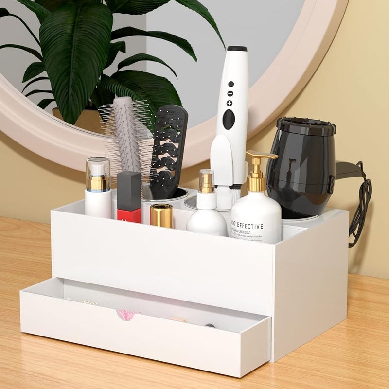 NIUBEE Hair Tool Organizer, White Acrylic Hair Dryer and Styling Organizer with Drawer, Bathroom Countertop Blow Dryer Holder, Vanity Caddy Storage Stand for Accessories, Makeup, Toiletries - Image 4