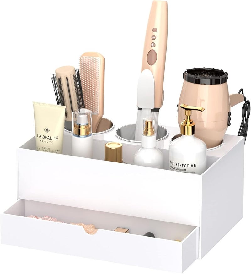 NIUBEE Hair Tool Organizer, White Acrylic Hair Dryer and Styling Organizer with Drawer, Bathroom Countertop Blow Dryer Holder, Vanity Caddy Storage Stand for Accessories, Makeup, Toiletries - Image 1