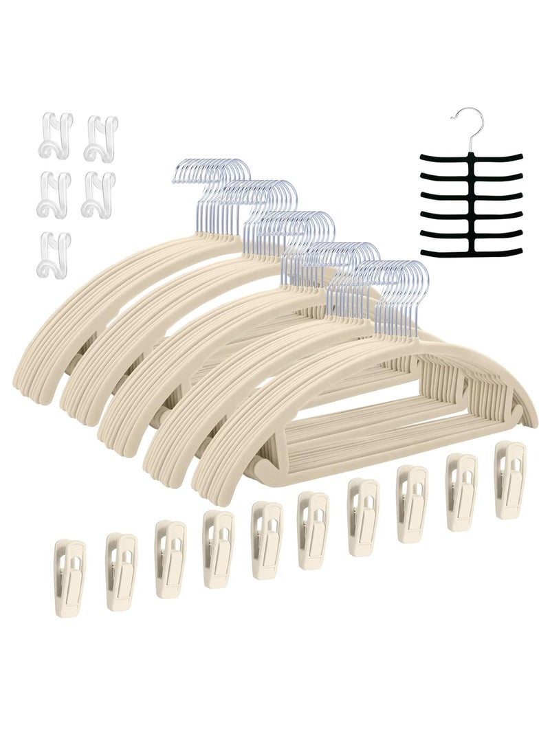 TYCOM Non Slip Velvet Hangers Suit Hangers 100 Pack Ultra Thin Space Saving 360 Degree Swivel Hook Clothes Hangers for Coats Jackets Pants and Dress Curved 100 Pieces Beige.  - Image 1