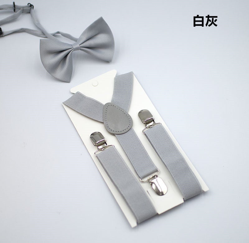 Kids Unisex Solid Y-Back Suspenders Bowtie Set White Gray 