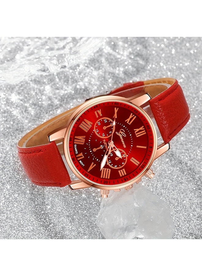 Geneva Fashion women's watch set - Elegant women's red Roman numeral quartz PU leather watch and 3-piece heart-shaped red accessories set including necklace, earrings, ring, gift set with gift box - Image 4