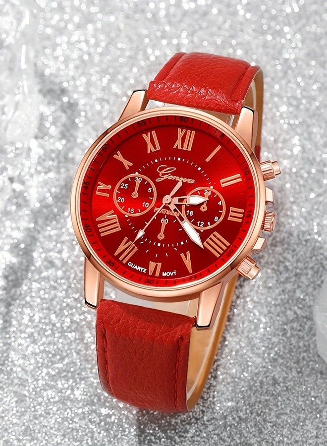 Geneva Fashion women's watch set - Elegant women's red Roman numeral quartz PU leather watch and 3-piece heart-shaped red accessories set including necklace, earrings, ring, gift set with gift box - Image 3