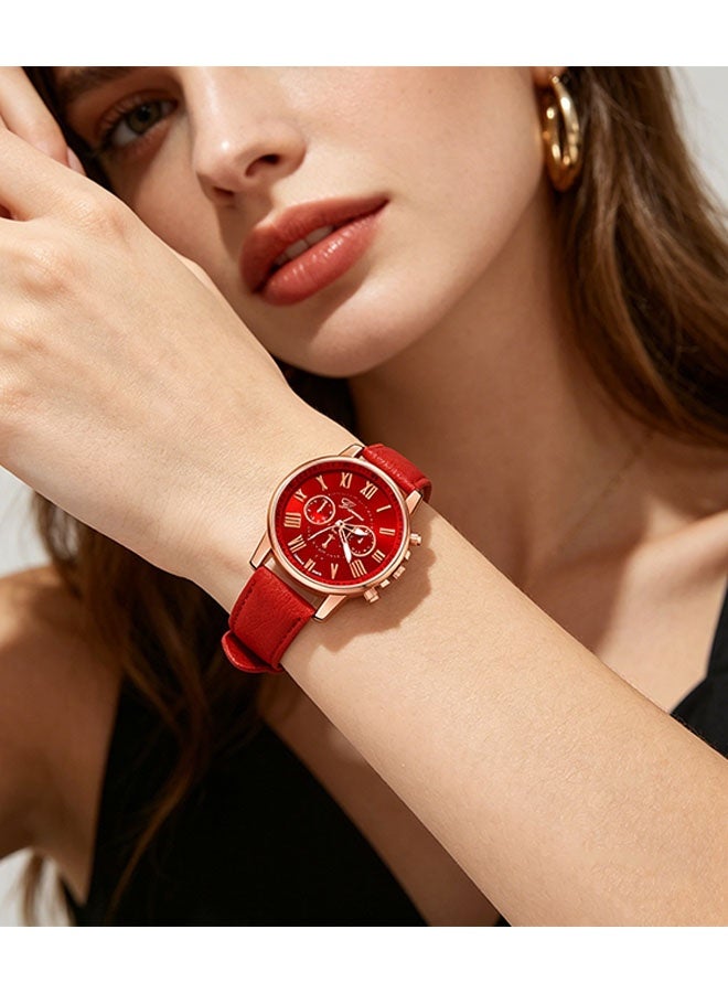 Geneva Fashion women's watch set - Elegant women's red Roman numeral quartz PU leather watch and 3-piece heart-shaped red accessories set including necklace, earrings, ring, gift set with gift box - Image 2