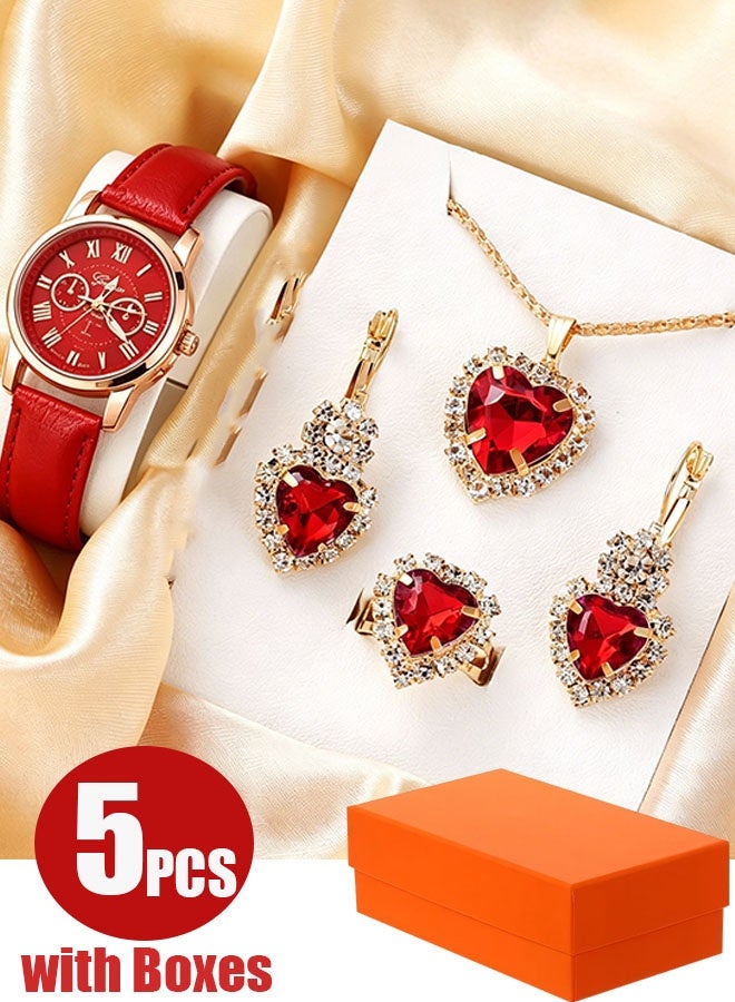 Geneva Fashion women's watch set - Elegant women's red Roman numeral quartz PU leather watch and 3-piece heart-shaped red accessories set including necklace, earrings, ring, gift set with gift box - Image 1