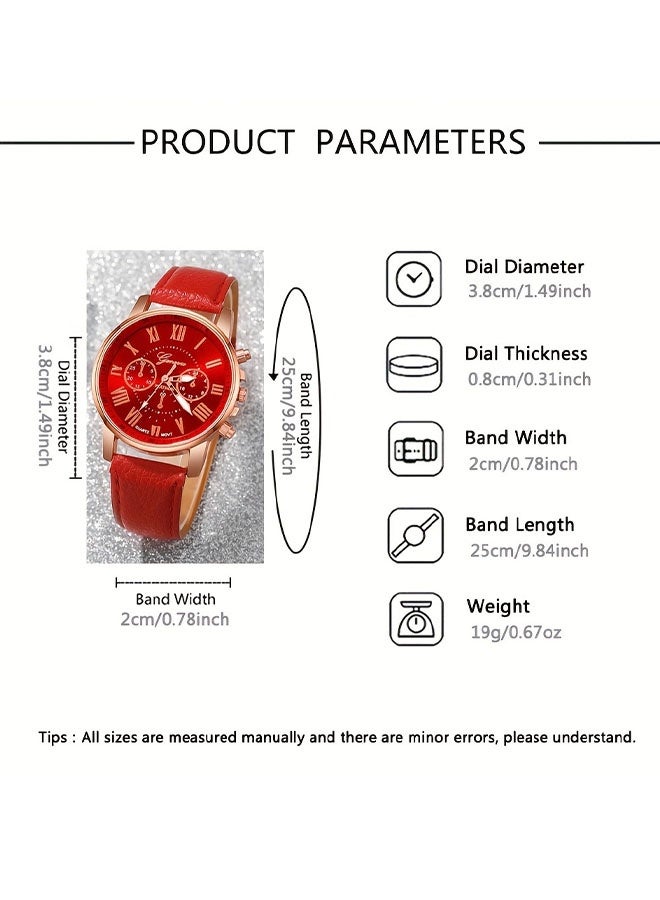 Geneva Fashion women's watch set - Elegant women's red Roman numeral quartz PU leather watch and 3-piece heart-shaped red accessories set including necklace, earrings, ring, gift set with gift box - Image 5