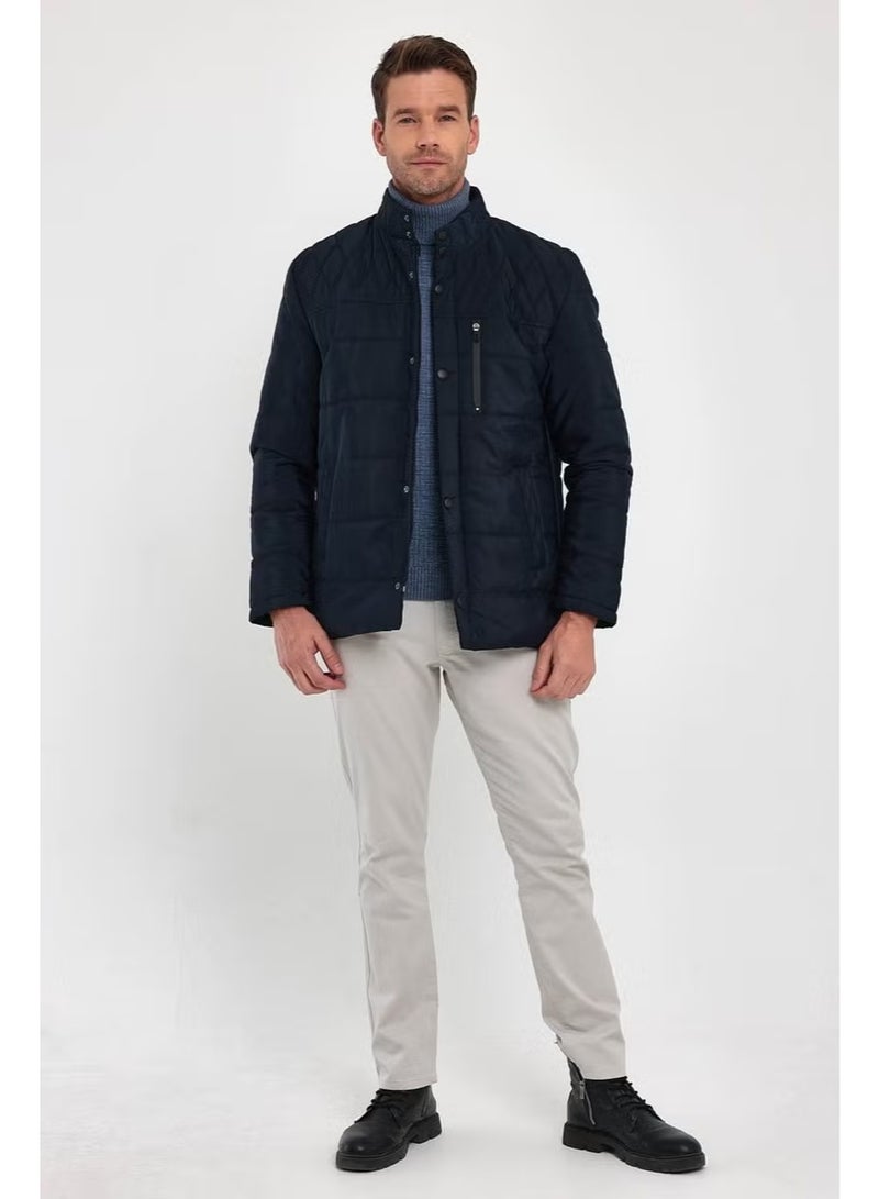Sivaist Men's Navy Blue Standard Fit Normal Cut Fur Lined Stand Collar Snap Detail Zippered Winter Coat - Image 2