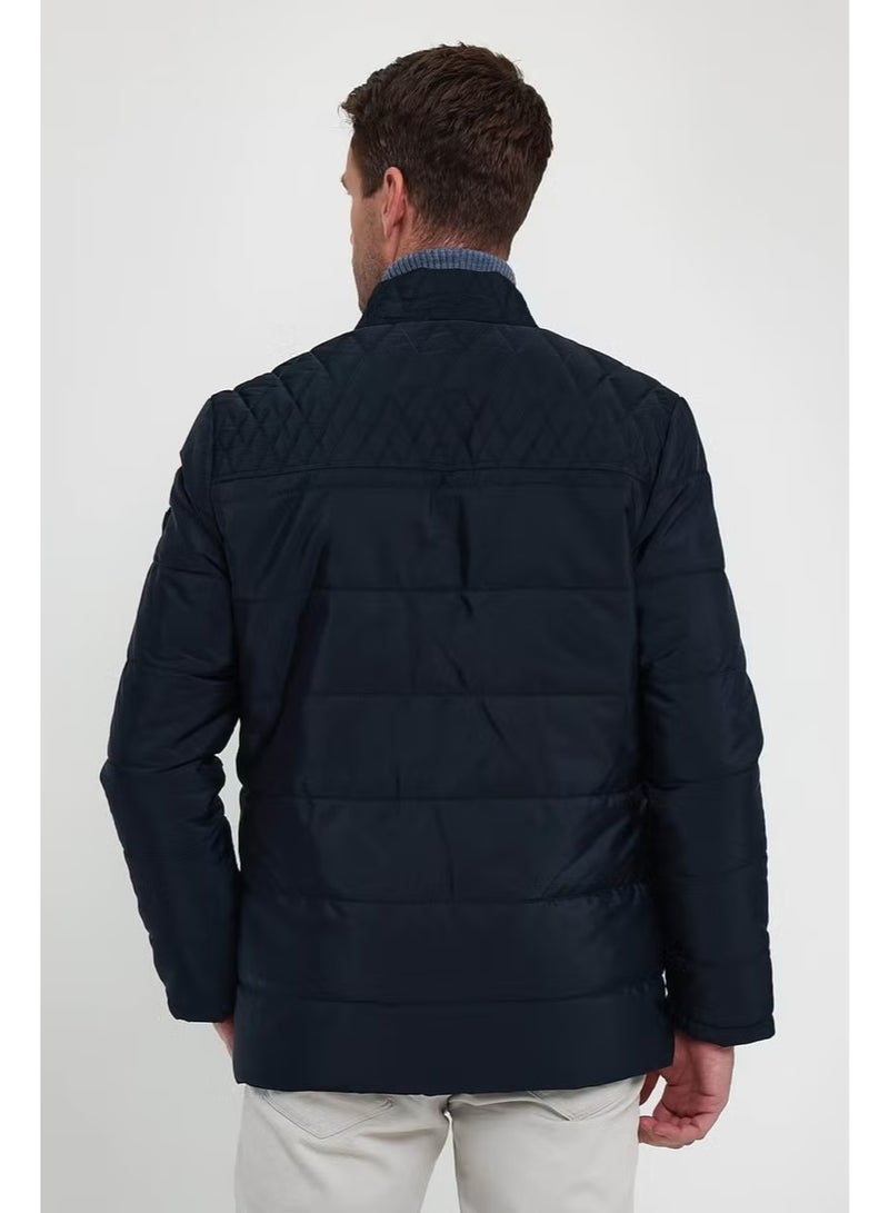 Sivaist Men's Navy Blue Standard Fit Normal Cut Fur Lined Stand Collar Snap Detail Zippered Winter Coat - Image 5