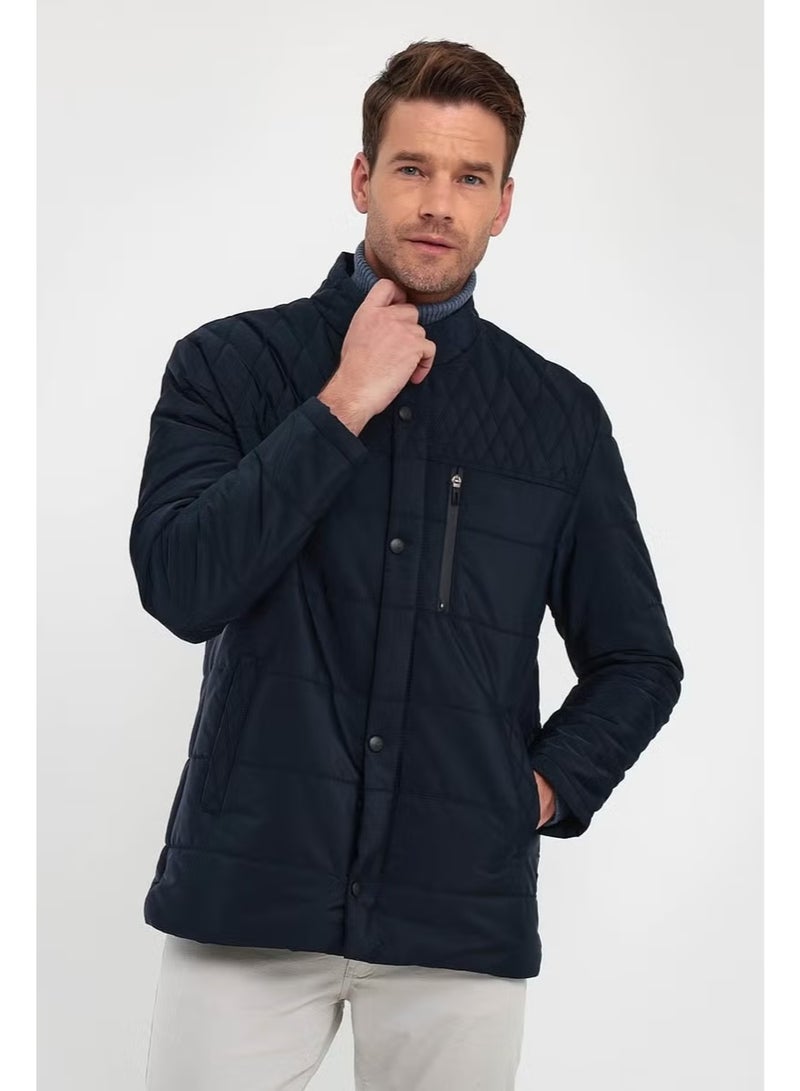 Sivaist Men's Navy Blue Standard Fit Normal Cut Fur Lined Stand Collar Snap Detail Zippered Winter Coat - Image 4