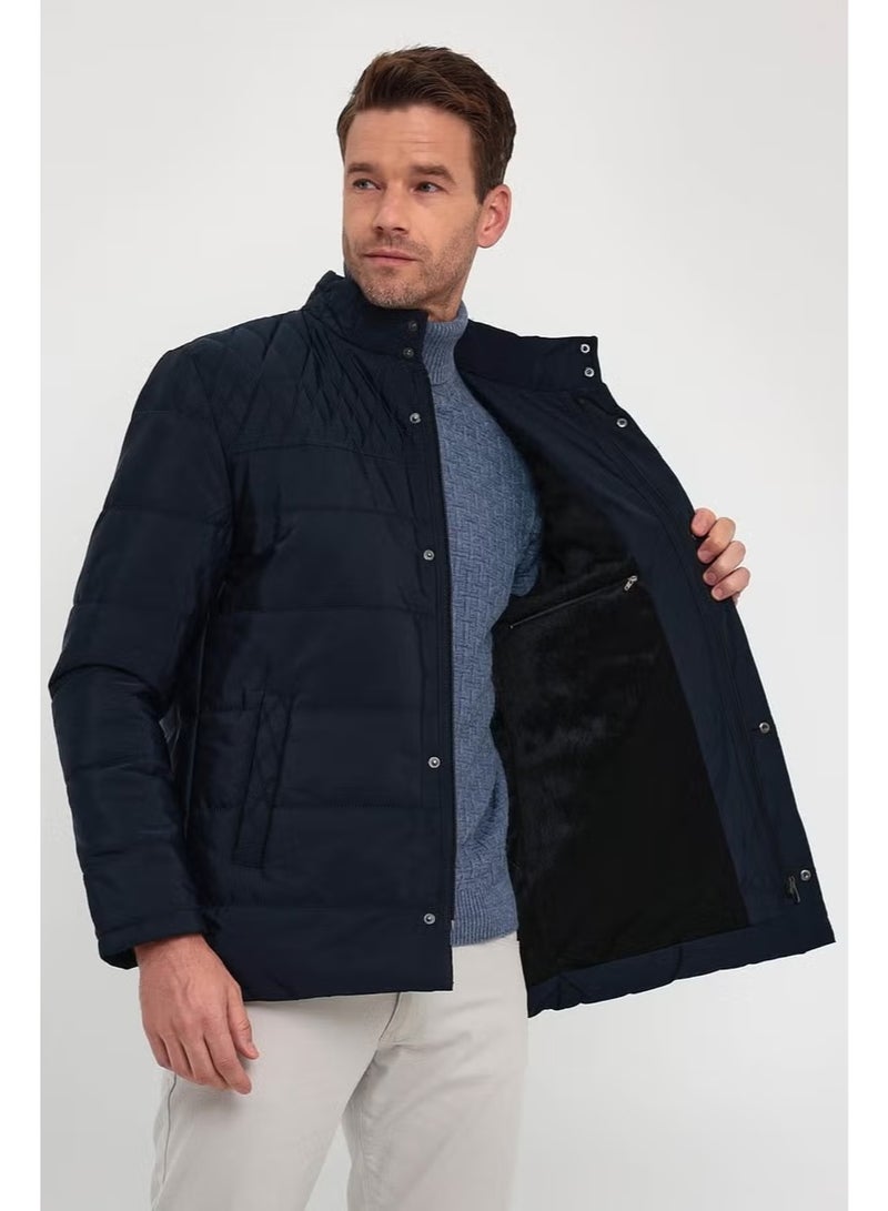 Sivaist Men's Navy Blue Standard Fit Normal Cut Fur Lined Stand Collar Snap Detail Zippered Winter Coat - Image 3