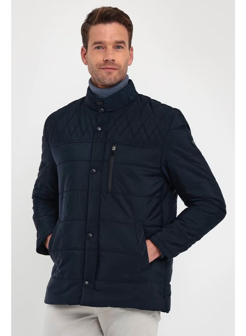 Sivaist Men's Navy Blue Standard Fit Normal Cut Fur Lined Stand Collar Snap Detail Zippered Winter Coat - Image 1