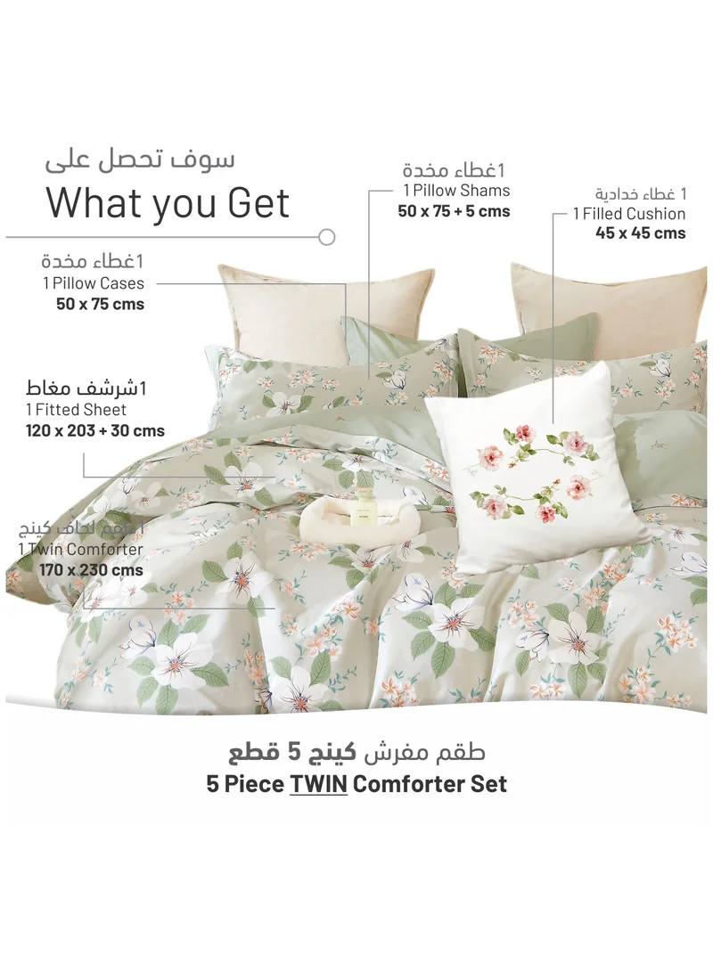 Donetella Cotton Comforter Set 5-Pcs Single Size Reversible Printed Comforter Set With Super Soft Down Alternative Filling,Pastel Gray