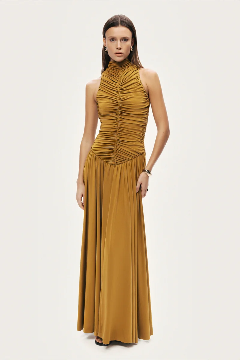 Nocturne Ruched High-Neck Maxi Dress