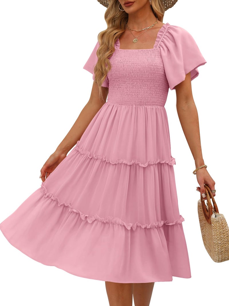 LILLUSORY Women Dresses Spring Summer 2026 Midi Graduation Bridal Baby Shower Casual Flowy Boho Sun Sundress Bridesmaid Brunch Cute Ladies Vacation Beach Smocked Teacher Clothes Outfits Rose Pink M - Image 1