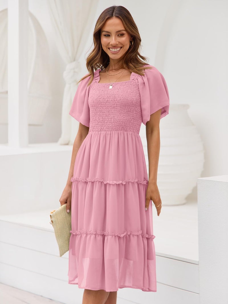 LILLUSORY Women Dresses Spring Summer 2026 Midi Graduation Bridal Baby Shower Casual Flowy Boho Sun Sundress Bridesmaid Brunch Cute Ladies Vacation Beach Smocked Teacher Clothes Outfits Rose Pink M - Image 2