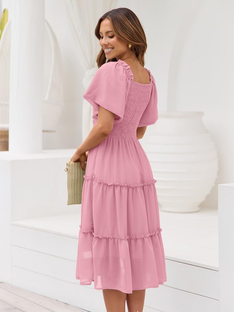 LILLUSORY Women Dresses Spring Summer 2026 Midi Graduation Bridal Baby Shower Casual Flowy Boho Sun Sundress Bridesmaid Brunch Cute Ladies Vacation Beach Smocked Teacher Clothes Outfits Rose Pink M - Image 4