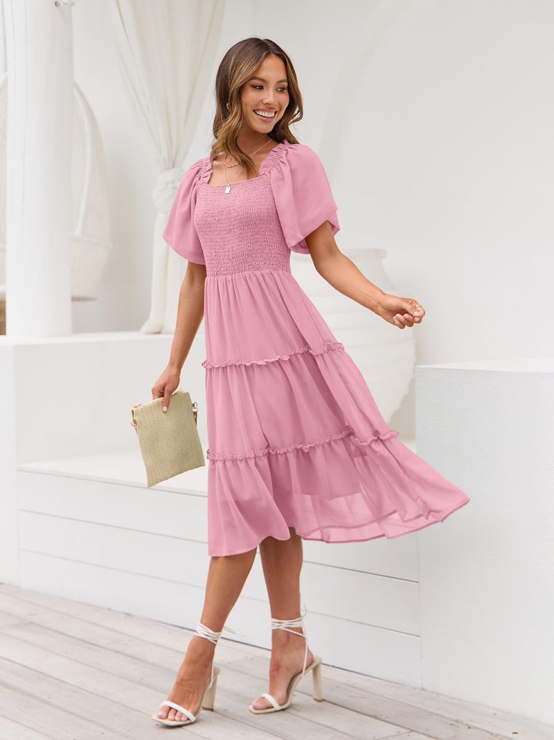 LILLUSORY Women Dresses Spring Summer 2026 Midi Graduation Bridal Baby Shower Casual Flowy Boho Sun Sundress Bridesmaid Brunch Cute Ladies Vacation Beach Smocked Teacher Clothes Outfits Rose Pink M - Image 3