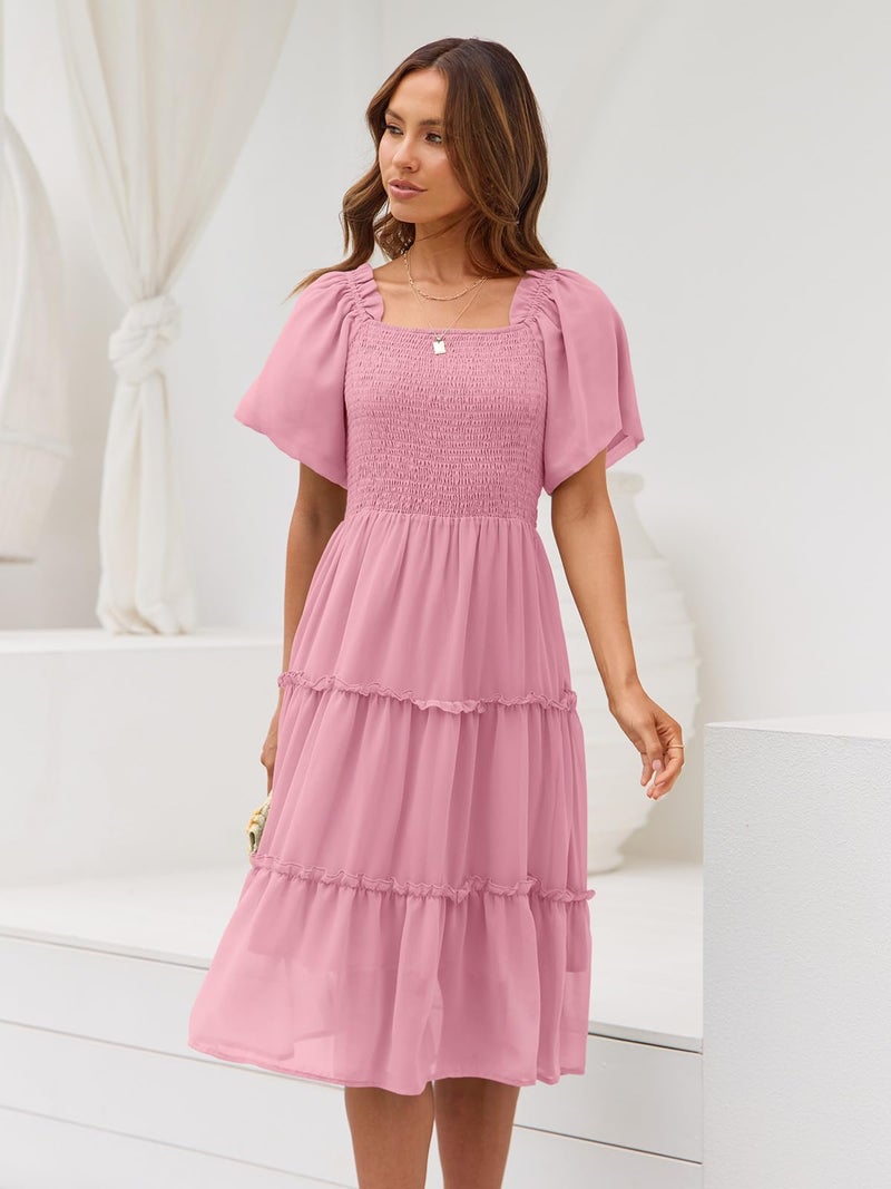 LILLUSORY Women Dresses Spring Summer 2026 Midi Graduation Bridal Baby Shower Casual Flowy Boho Sun Sundress Bridesmaid Brunch Cute Ladies Vacation Beach Smocked Teacher Clothes Outfits Rose Pink M - Image 5