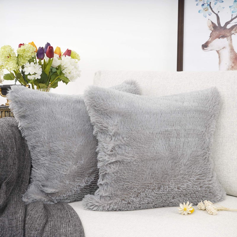 YOUR SMILE Pack of 2, Decorative Plush Luxury Series Merino Faux Fur Throw Pillow Case Cushion Cover 18" x 18"(Gray) - Image 2