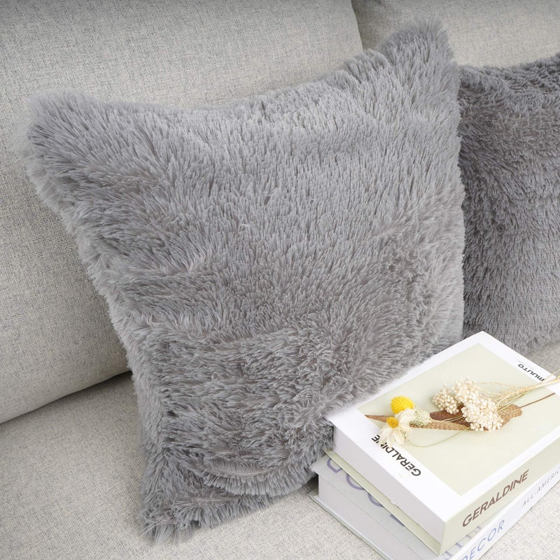 YOUR SMILE Pack of 2, Decorative Plush Luxury Series Merino Faux Fur Throw Pillow Case Cushion Cover 18" x 18"(Gray) - Image 3