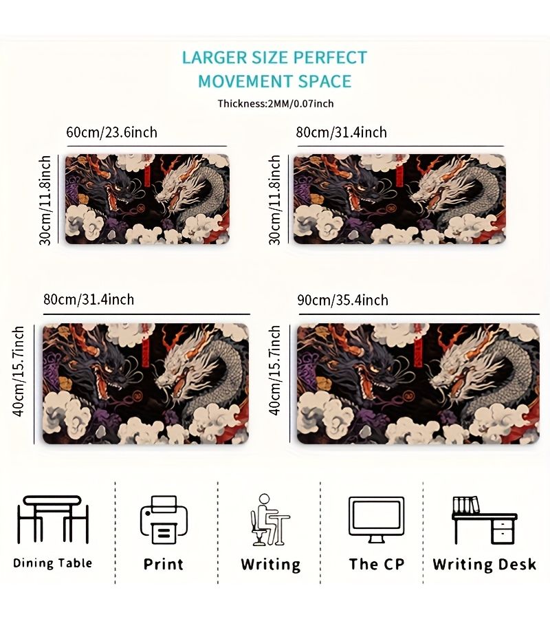 1pc Style 1 Dual Dragon Mouse Pad 11.8x31.5 Inch Asian Office Desk Mat Dark Background Flames Clouds Non Slip Base Computer Accessory For Home Office Chinese Cultural Gift Traditional Decoration Desk Setup Vibrant Desk Decor - Image 2