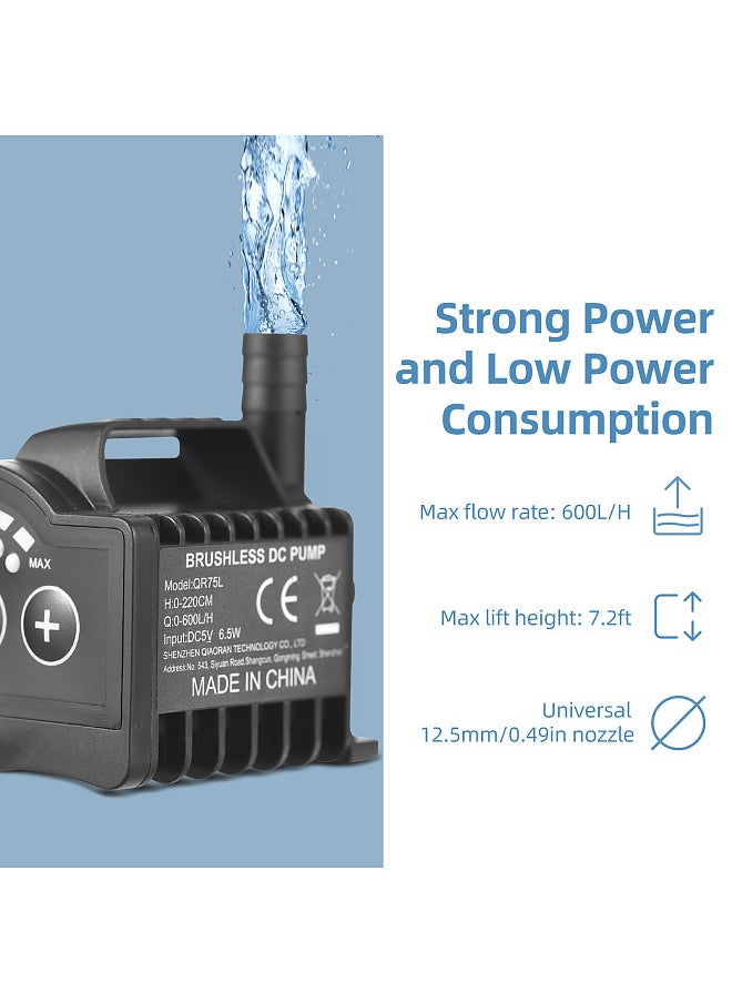 Generic - Submersible 5V Water Pump 8 Levels Adjustable 0-600L/H Small Fountain Pump with 0-7.2ft Lift, 6.5ft USB Charging and Suction Cup Base, Portable Mini Pump for Fish Tank, Pond, Aquarium, Pet Drinking - Image 1