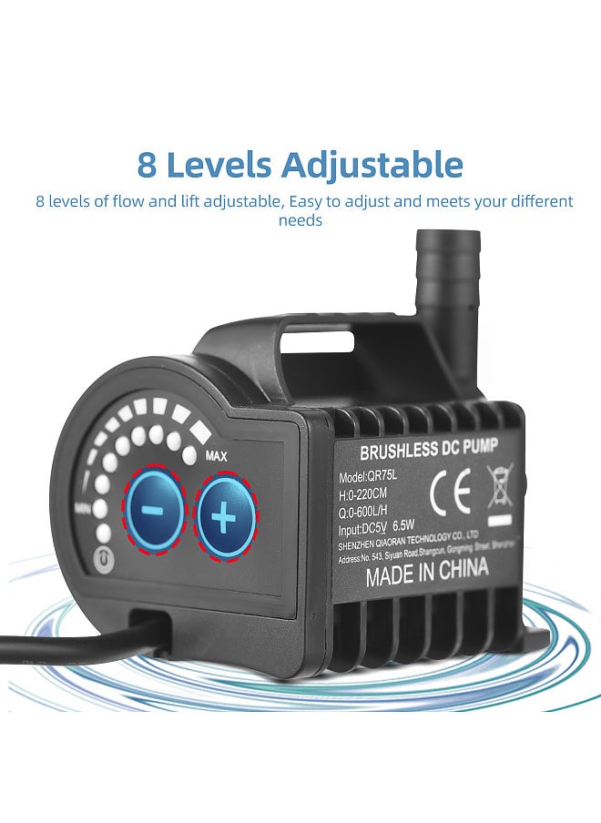 Generic - Submersible 5V Water Pump 8 Levels Adjustable 0-600L/H Small Fountain Pump with 0-7.2ft Lift, 6.5ft USB Charging and Suction Cup Base, Portable Mini Pump for Fish Tank, Pond, Aquarium, Pet Drinking - Image 1