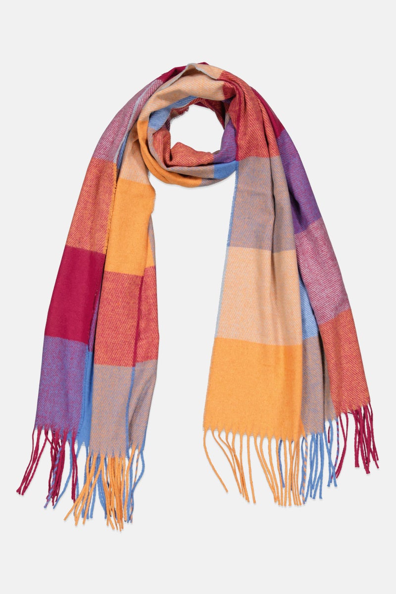 Fire & Glory Women Plaid Scarf 32 H x 164 L cm, Orange/Red  - Image 1