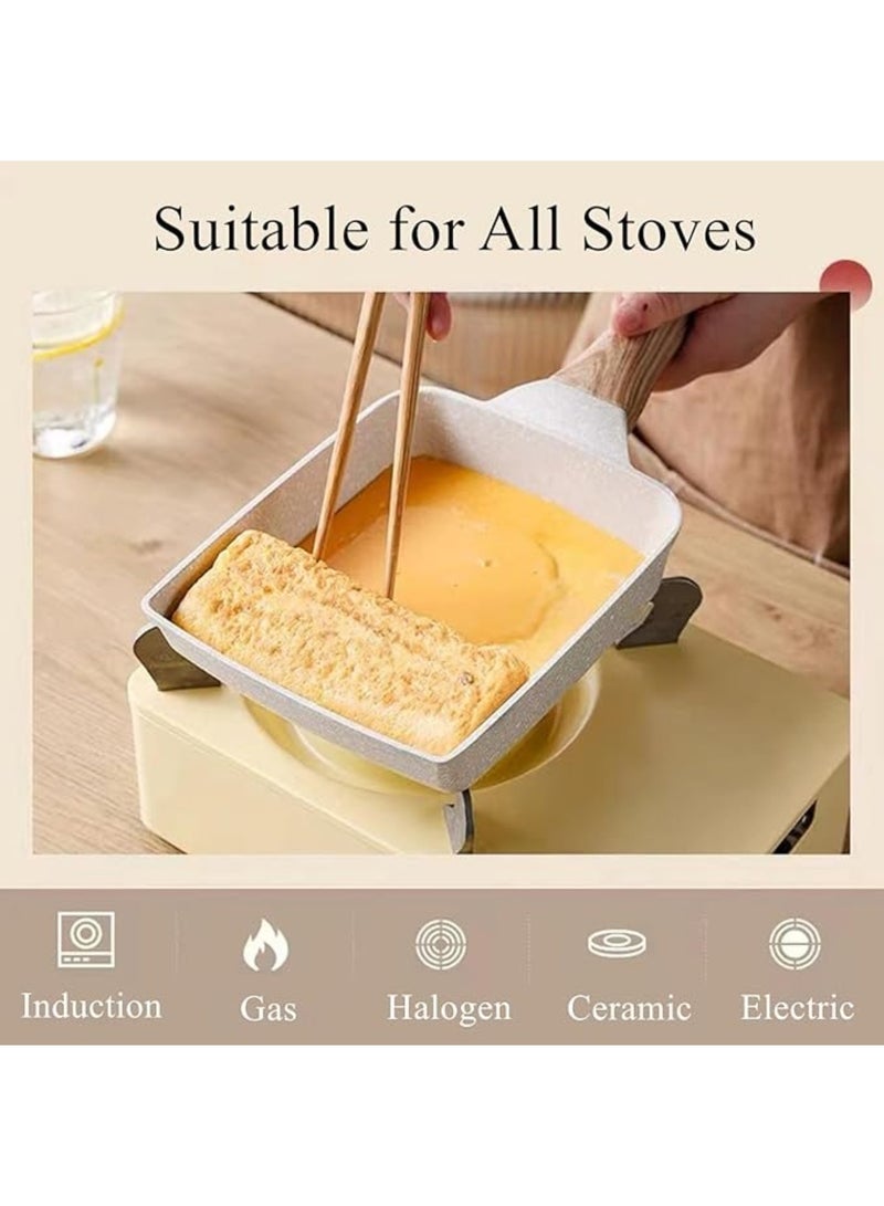 يلا جوي مقلاة تاماغوياكي، مقلاة أومليت يابانية غير لاصقة بمقبض خشبي مقلاة بيض مستطيلة الشكل، آمنة للغسل في غسالة الأطباق، بيضاء. - Image 4