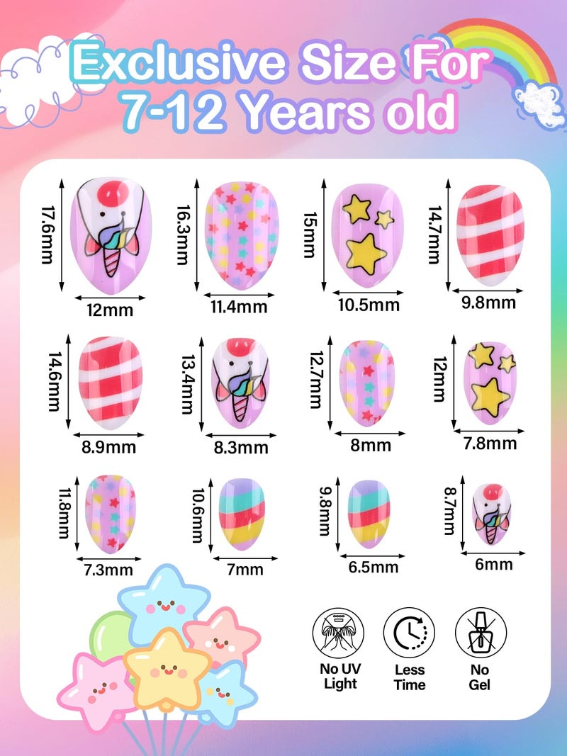 EBANKU Kid Press on Nails, 72Pcs Almond Fake Nails Kit Full Cover Colorful Cute Patterns Design Acrylic Nails with Nail Glue for Girl Home Party - Image 2