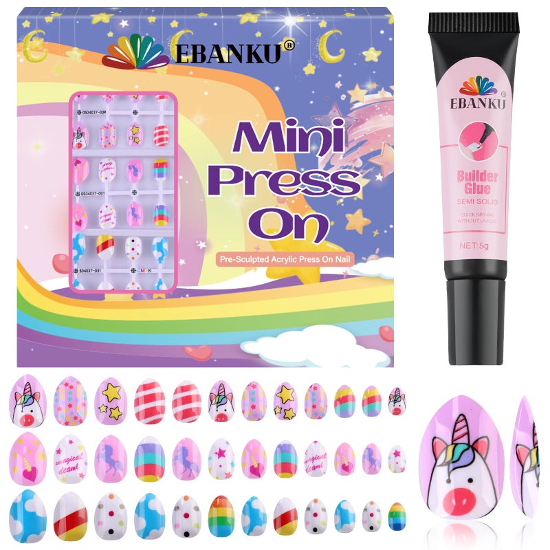 EBANKU Kid Press on Nails, 72Pcs Almond Fake Nails Kit Full Cover Colorful Cute Patterns Design Acrylic Nails with Nail Glue for Girl Home Party - Image 1