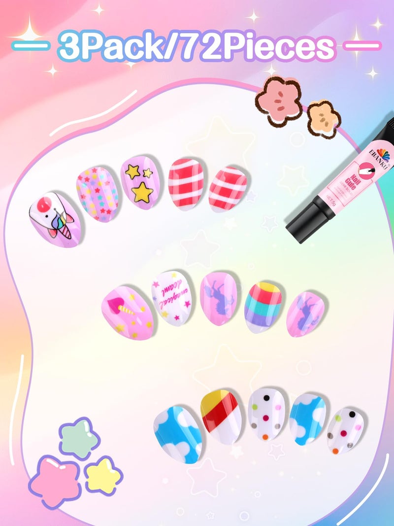 EBANKU Kid Press on Nails, 72Pcs Almond Fake Nails Kit Full Cover Colorful Cute Patterns Design Acrylic Nails with Nail Glue for Girl Home Party - Image 3