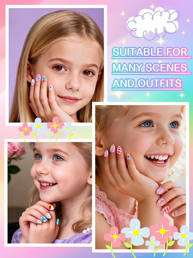 EBANKU Kid Press on Nails, 72Pcs Almond Fake Nails Kit Full Cover Colorful Cute Patterns Design Acrylic Nails with Nail Glue for Girl Home Party - Image 4
