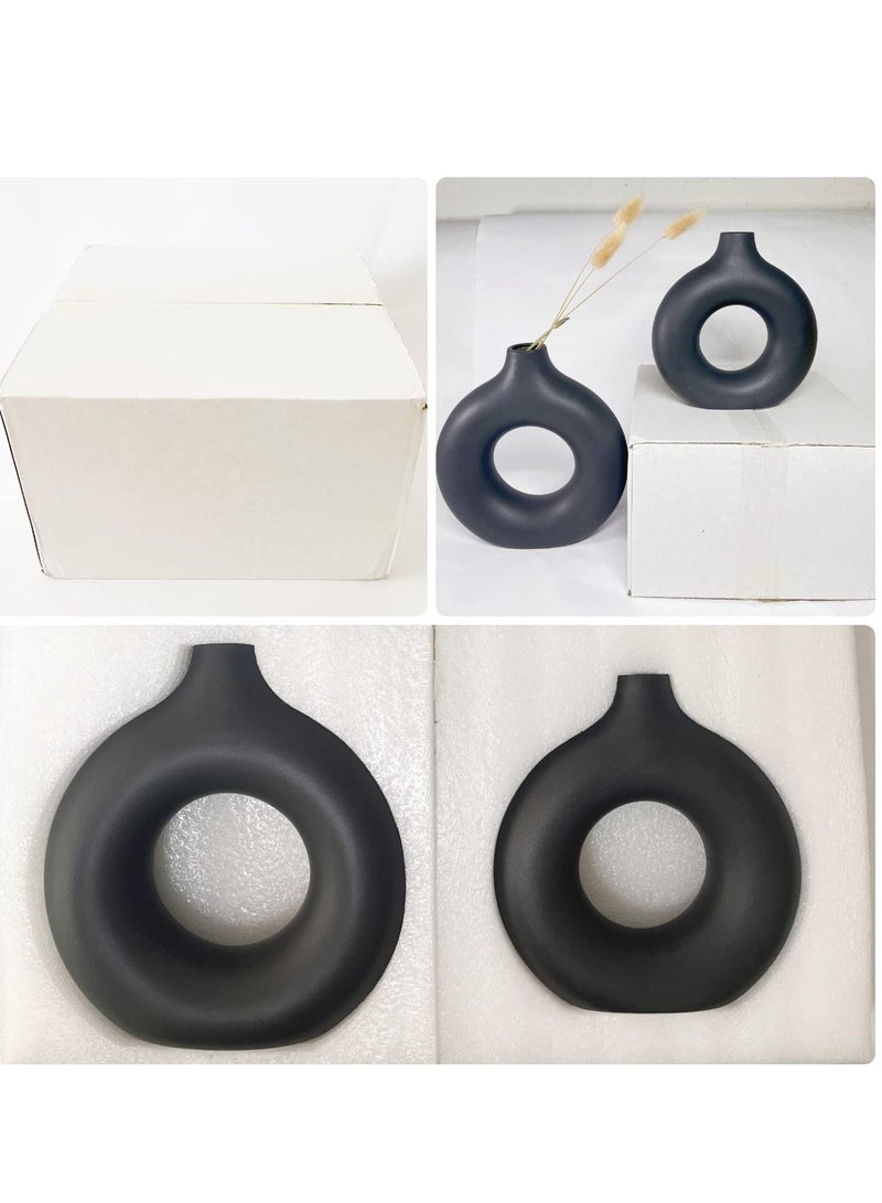 ميكسد 2 الدونات السوداء المزهريات الخزفية نمط الحد الأدنى الشمال بامباس القش زهرة زهرية جوفاء 18 * 19 سم و 21 * 23 سم - Image 4