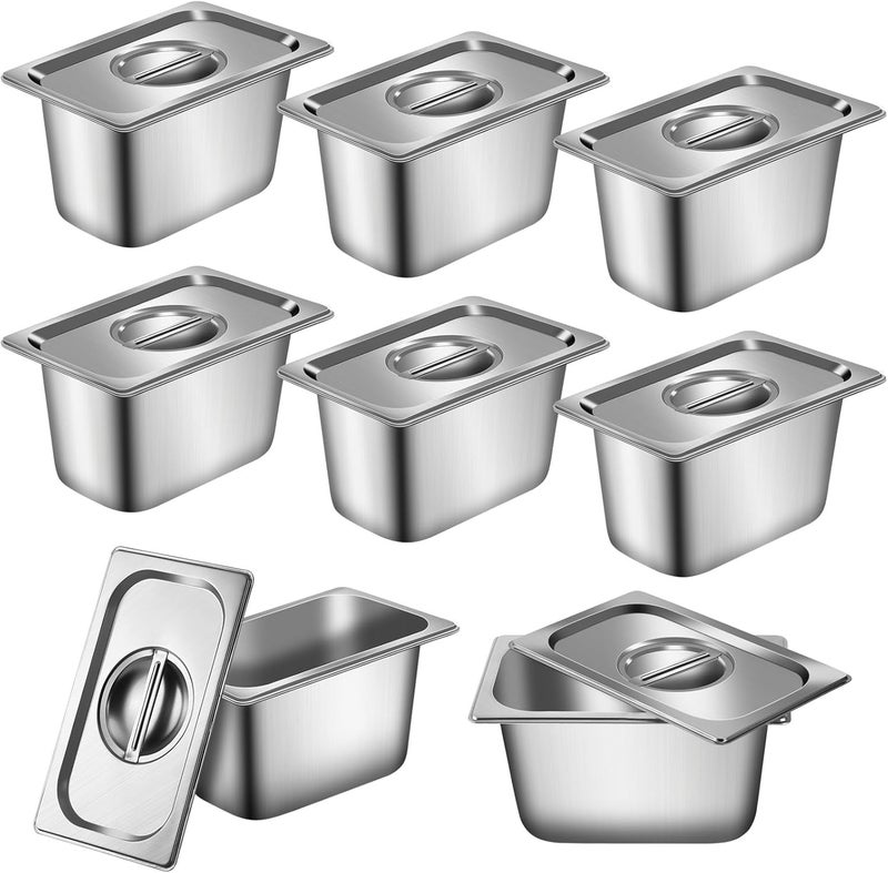 UPTRUST 1/4 8 Pack Stainless Steam Hotel Pans with Lids, 6" Deep 1.2 mm Thick Stainless Steel Jam Steam Pan, Catering Storage Metal Food Pan for Restaurant, Hotel, Party - Image 1