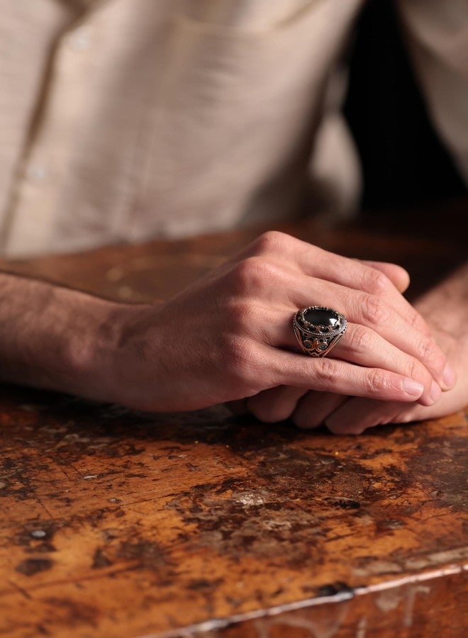 Alpha Rock Genuine Solid 925 Sterling Silver Accented with Bronze and Stone, Authentic Vintage Turkish Ottoman Style Ring for Men, Sterling Silver, simulated hematite - Image 2