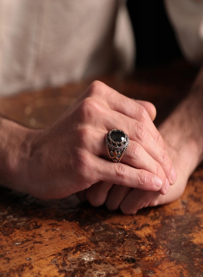 Alpha Rock Genuine Solid 925 Sterling Silver Accented with Bronze and Stone, Authentic Vintage Turkish Ottoman Style Ring for Men, Sterling Silver, simulated hematite - Image 3