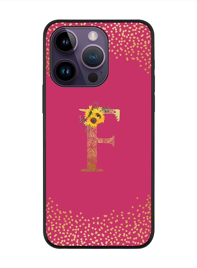 Stylizedd Rugged Black edge case for Apple iPhone 14 Pro, Slim fit Thin Cover -  Custom Monogram Initial Letter Mandala Floral Pattern Alphabet- F  (Dark Pink Rose ) - Image 1
