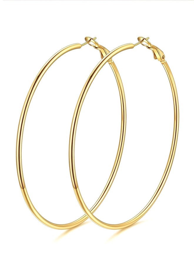 KeyStyle Gold Hoop Earrings for Women, Stainless Steel Hoops Earring Lightweight Loops, 2 mm Thick Hypoallergenic Circle Endless Thin Hoop (30 mm,50 mm,70 mm,100 mm), 70mm, Metal, No Gemstone - Image 1