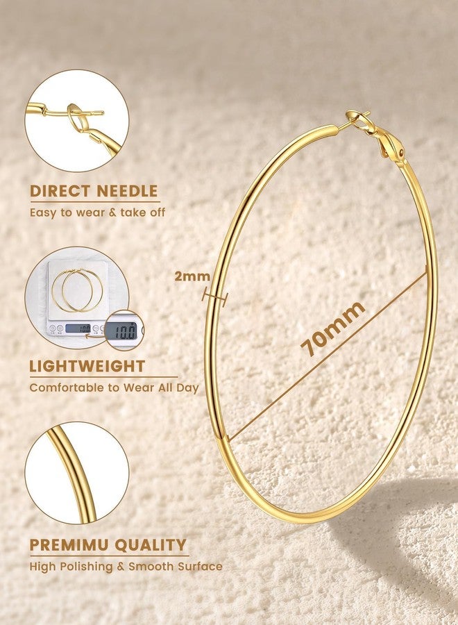 KeyStyle Gold Hoop Earrings for Women, Stainless Steel Hoops Earring Lightweight Loops, 2 mm Thick Hypoallergenic Circle Endless Thin Hoop (30 mm,50 mm,70 mm,100 mm), 70mm, Metal, No Gemstone - Image 5