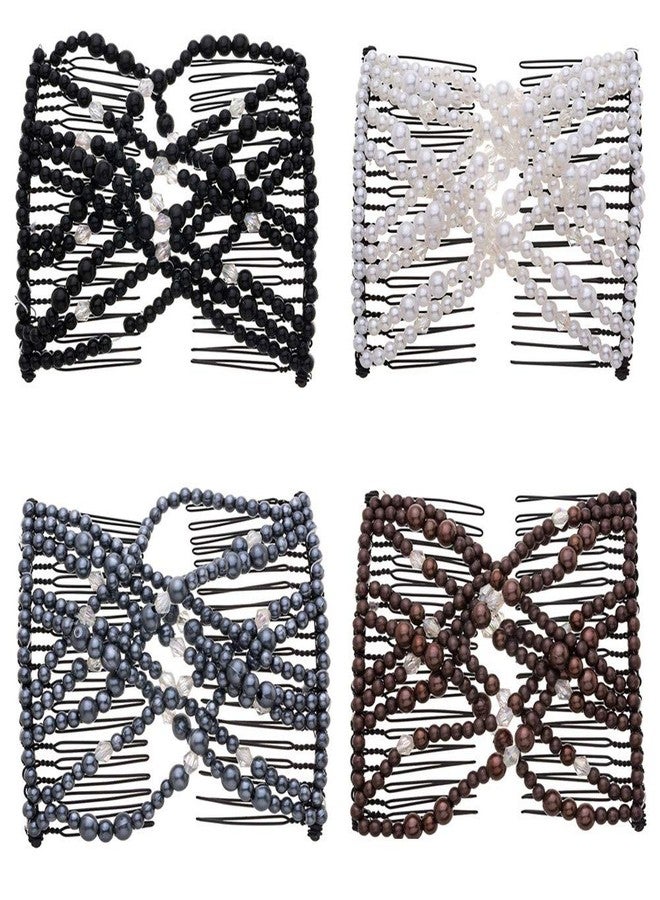 LOVEF 4Pcs Double Magic Slide Metal Comb Clip Hairpins Vintage Pearl Bead Stretchy Hair Combs for Women Ladies Hair Accessories Gift (Coffee) - Image 1