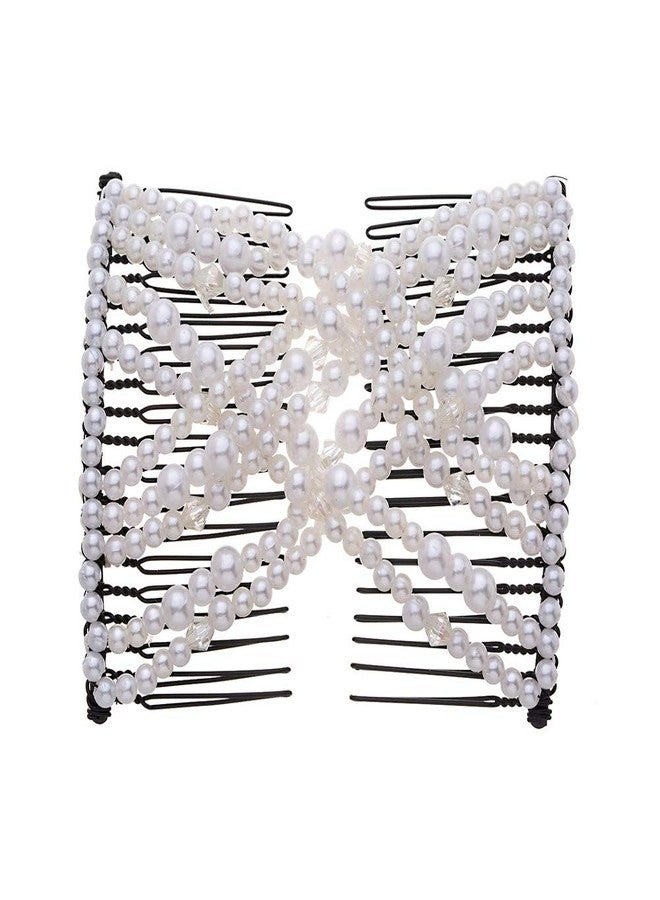 LOVEF 4Pcs Double Magic Slide Metal Comb Clip Hairpins Vintage Pearl Bead Stretchy Hair Combs for Women Ladies Hair Accessories Gift (Coffee) - Image 2