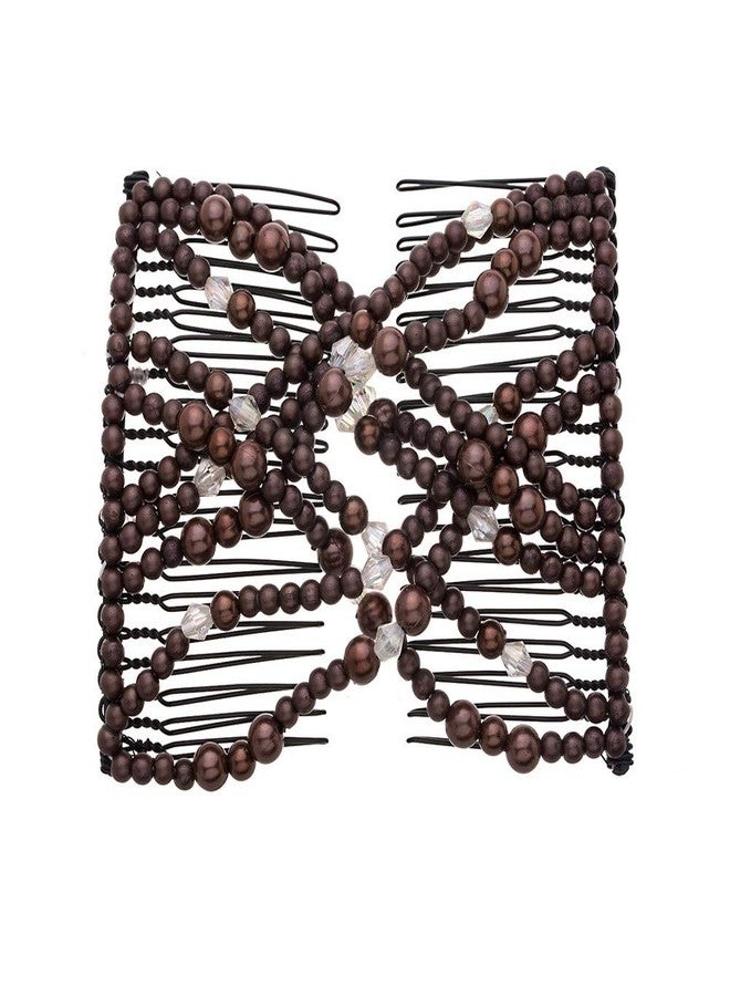 LOVEF 4Pcs Double Magic Slide Metal Comb Clip Hairpins Vintage Pearl Bead Stretchy Hair Combs for Women Ladies Hair Accessories Gift (Coffee) - Image 3
