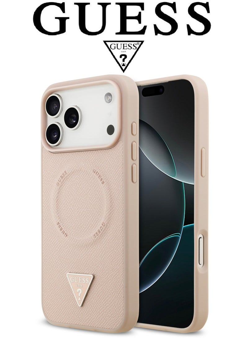 CG MOBILE iPhone 17 Pro leather case. iPhone 17 Pro case supports MagSafe wireless charging. iphone 17 Pro back cover provides strong shockproof back protection. iphone 17 pro cover with a French design, elegant, & certified in partnership with GUESS and CG MOBILE. Pink phone case. - Image 1