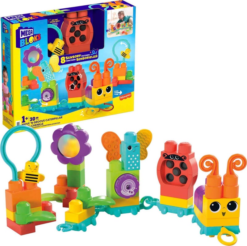 Mega Brands مجموعة ألعاب بناء MEGA BLOKS من فيشر-برايس للأطفال، قطار اليرقة المتحرك مع 24 قطعة، للأعمار من 1 سنة فما فوق - Image 1