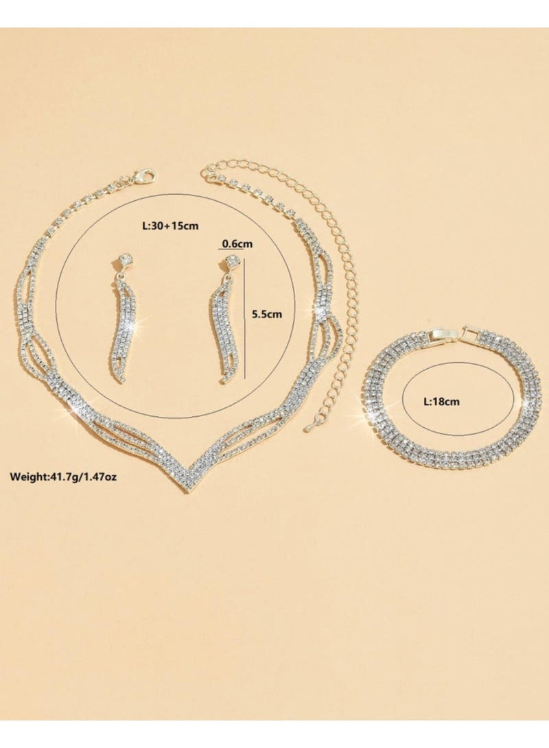 WAOKN 3 Pcs Rhinestone Necklace Bracelet Earrings Set Flash Diamond V-neck Collar Chain Ear Drop Dangle Bridal Evening Dress Accessories for Girlfriend Wife Mother Bridesmaids Wedding Party Accessories - Image 4