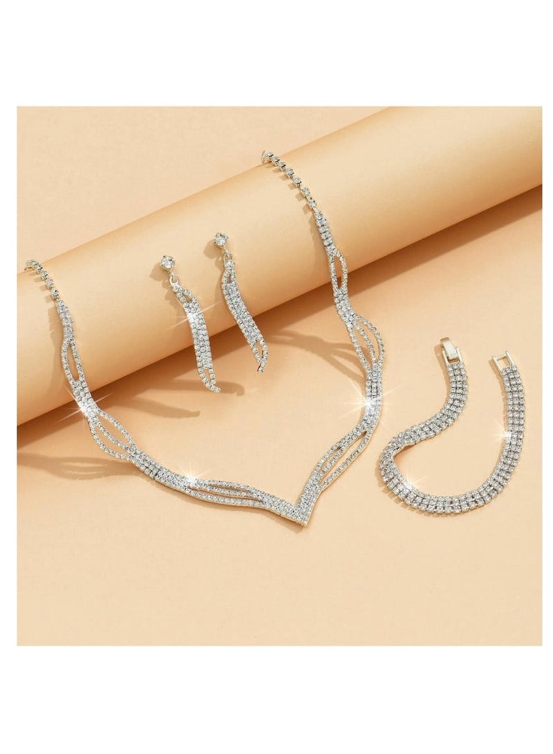 WAOKN 3 Pcs Rhinestone Necklace Bracelet Earrings Set Flash Diamond V-neck Collar Chain Ear Drop Dangle Bridal Evening Dress Accessories for Girlfriend Wife Mother Bridesmaids Wedding Party Accessories - Image 2