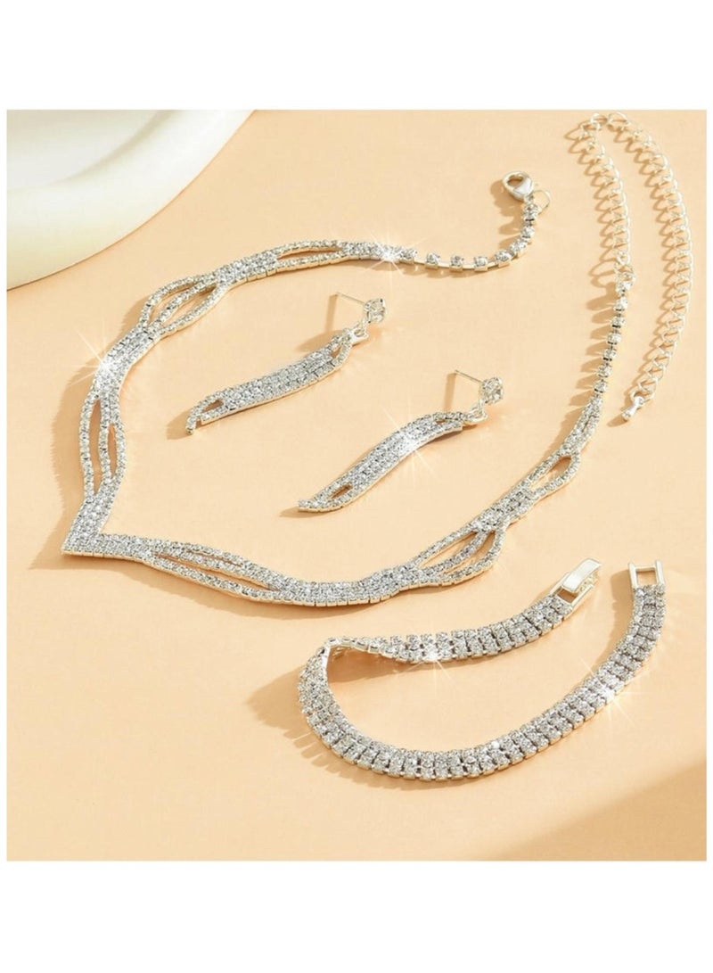 WAOKN 3 Pcs Rhinestone Necklace Bracelet Earrings Set Flash Diamond V-neck Collar Chain Ear Drop Dangle Bridal Evening Dress Accessories for Girlfriend Wife Mother Bridesmaids Wedding Party Accessories - Image 5