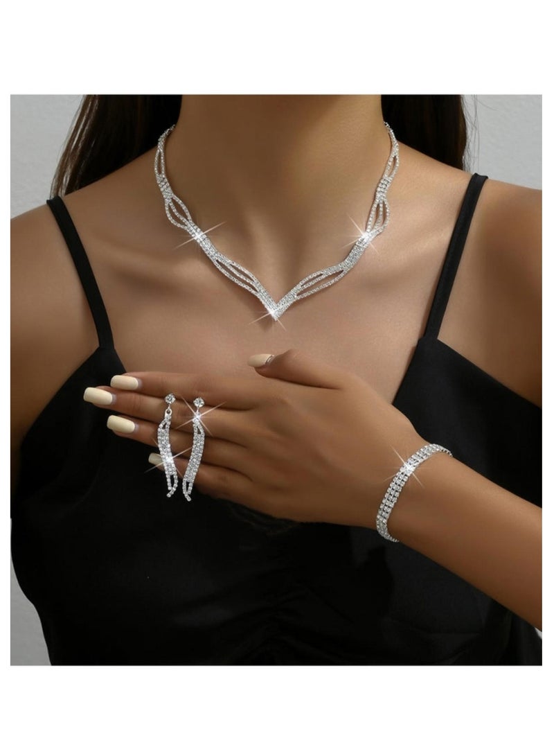WAOKN 3 Pcs Rhinestone Necklace Bracelet Earrings Set Flash Diamond V-neck Collar Chain Ear Drop Dangle Bridal Evening Dress Accessories for Girlfriend Wife Mother Bridesmaids Wedding Party Accessories - Image 1