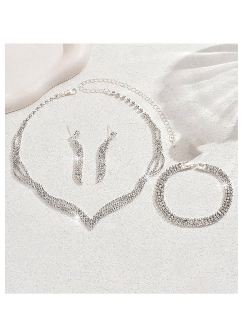 WAOKN 3 Pcs Rhinestone Necklace Bracelet Earrings Set Flash Diamond V-neck Collar Chain Ear Drop Dangle Bridal Evening Dress Accessories for Girlfriend Wife Mother Bridesmaids Wedding Party Accessories - Image 3